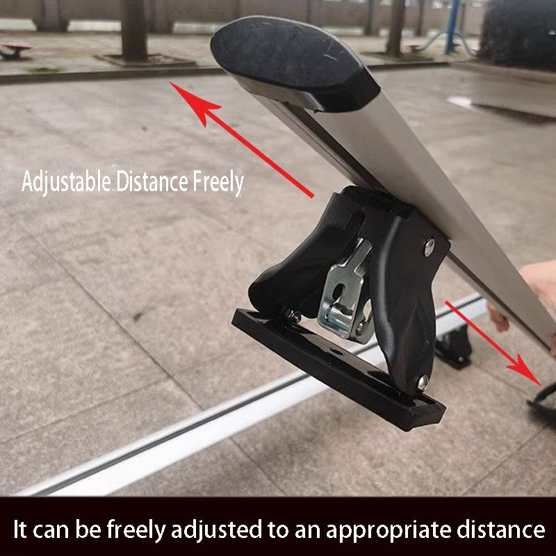 Adjustable distance mechanism on a vehicle roof rack with text indicating freedom of adjustment.
