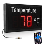 Waterproof outdoor red LED thermometer sign for farm warehouse storefront, Fahrenheit humidity display battery powered