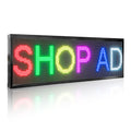 LED sign displaying the word 'SHOP AD' in colorful letters on a white background