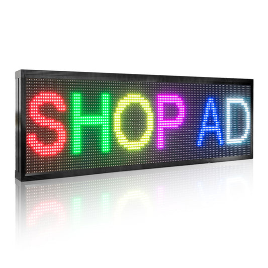 LED sign displaying the word 'SHOP AD' in colorful letters on a white background