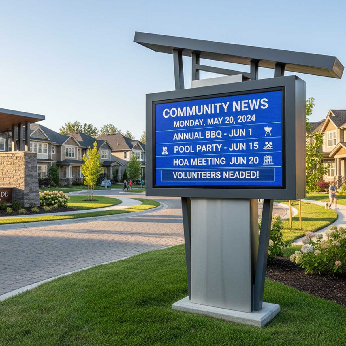 Weatherproof LED display in residential HOA community showing announcements - neighborhood digital message board