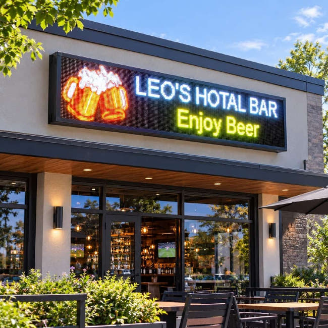Weatherproof outdoor LED sign installed above restaurant storefront displaying bright daytime promotional graphics Hauptbild