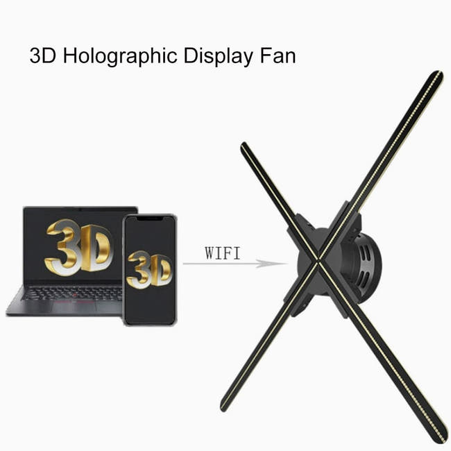 WiFi controlled 3D holographic fan display with smartphone app interface showing mobile control features for iOS Android Windows remote management Image secondaire du produit
