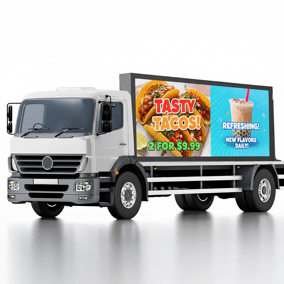 WiFi programmable LED mobile advertising screen on delivery truck at outdoor dining area - digital signage solution Main image