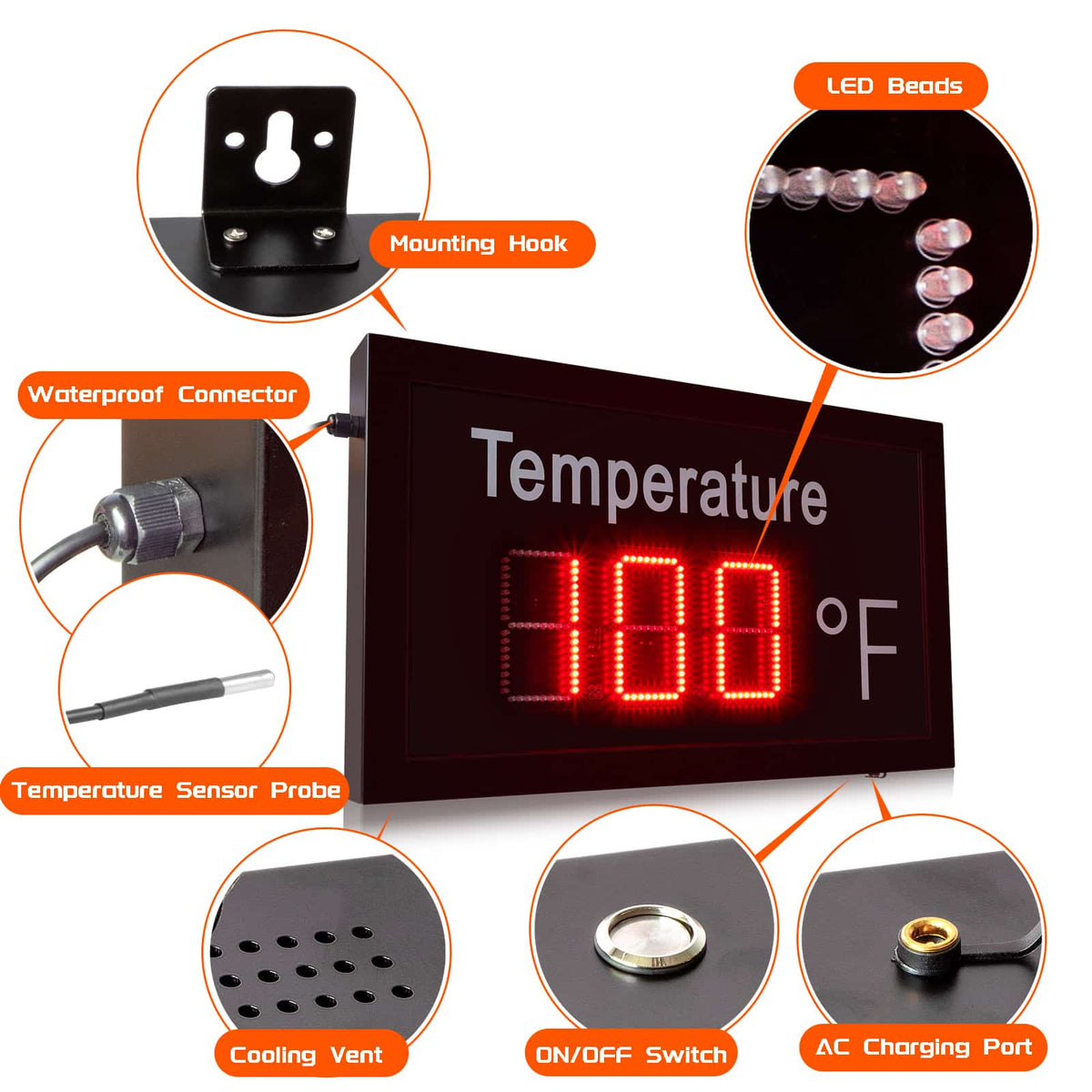 Large commercial LED Fahrenheit temperature and humidity display, 20.5 x 12.6 inches