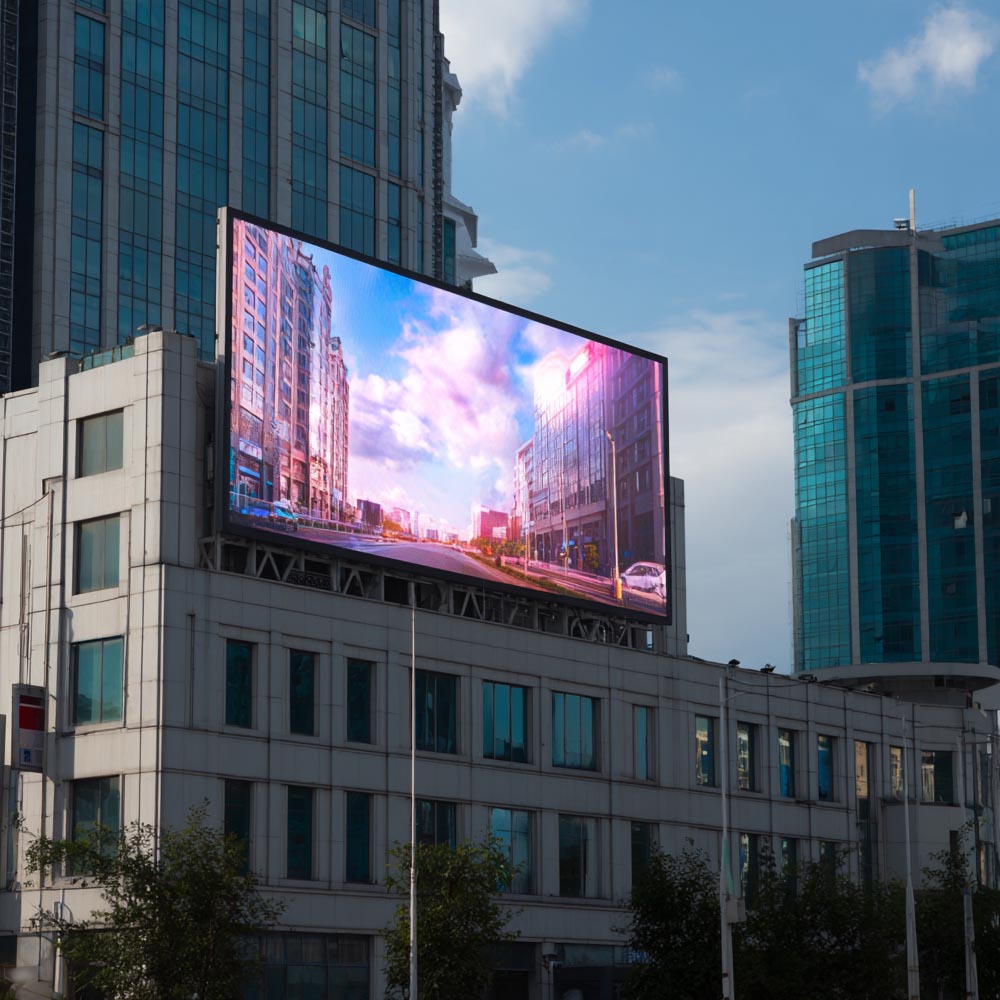 A large outdoor LED billboard mounted on a modern building