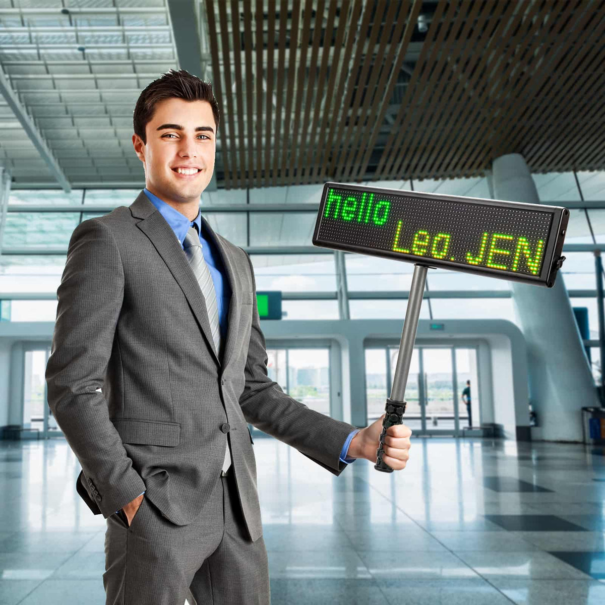 Multi-color programmable LED display board showing custom dynamic advertising messages