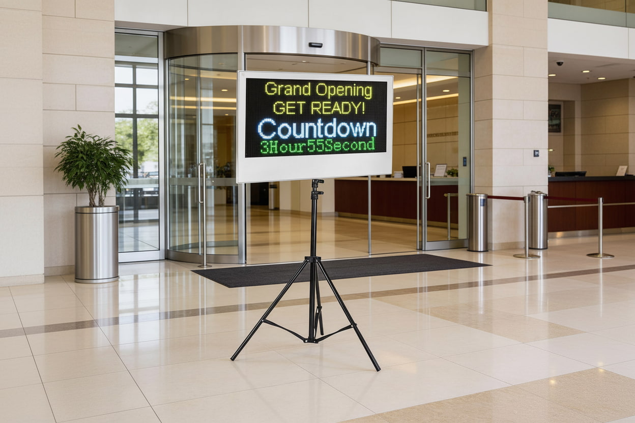 Digital display board with countdown timer in a modern building entrance