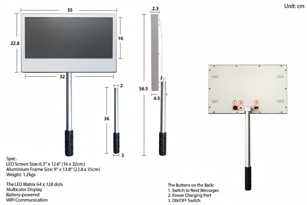 Measurement chart of a digital display with dimensions and specifications.