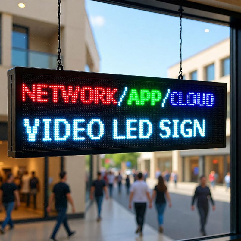 LED sign displaying 'NETWORK/APP/CLOUD VIDEO LED SIGN' in an outdoor setting with people walking by. Main image