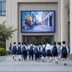 School children walking past a large screen displaying a video, with a building and trees in the background.