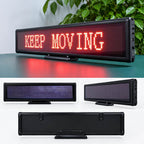 Leadleds battery powered programmable LED sign displaying red moving message on desktop stand