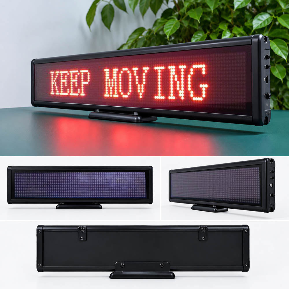 Leadleds battery powered programmable LED sign displaying red moving message on desktop stand