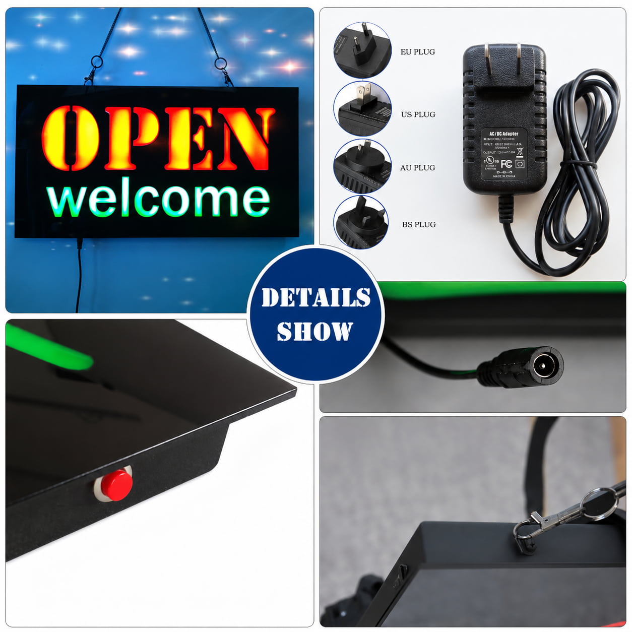 Hanging LED Open Sign Red Yellow Green Neon Effect for Shop Window Display