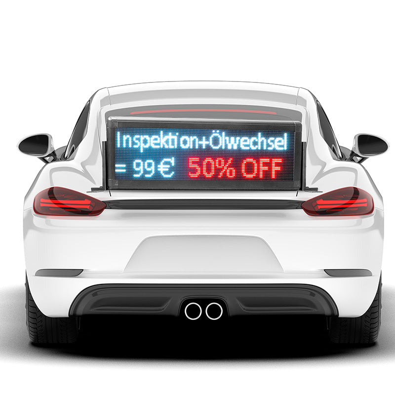Car with a digital display on the back showing a service offer. Main image