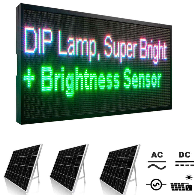 LED display board with solar panels and AC DC power symbols Main image