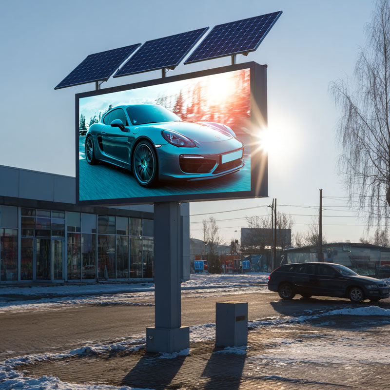 Outdoor digital billboard displaying a car image with solar panels on top, in front of a building.