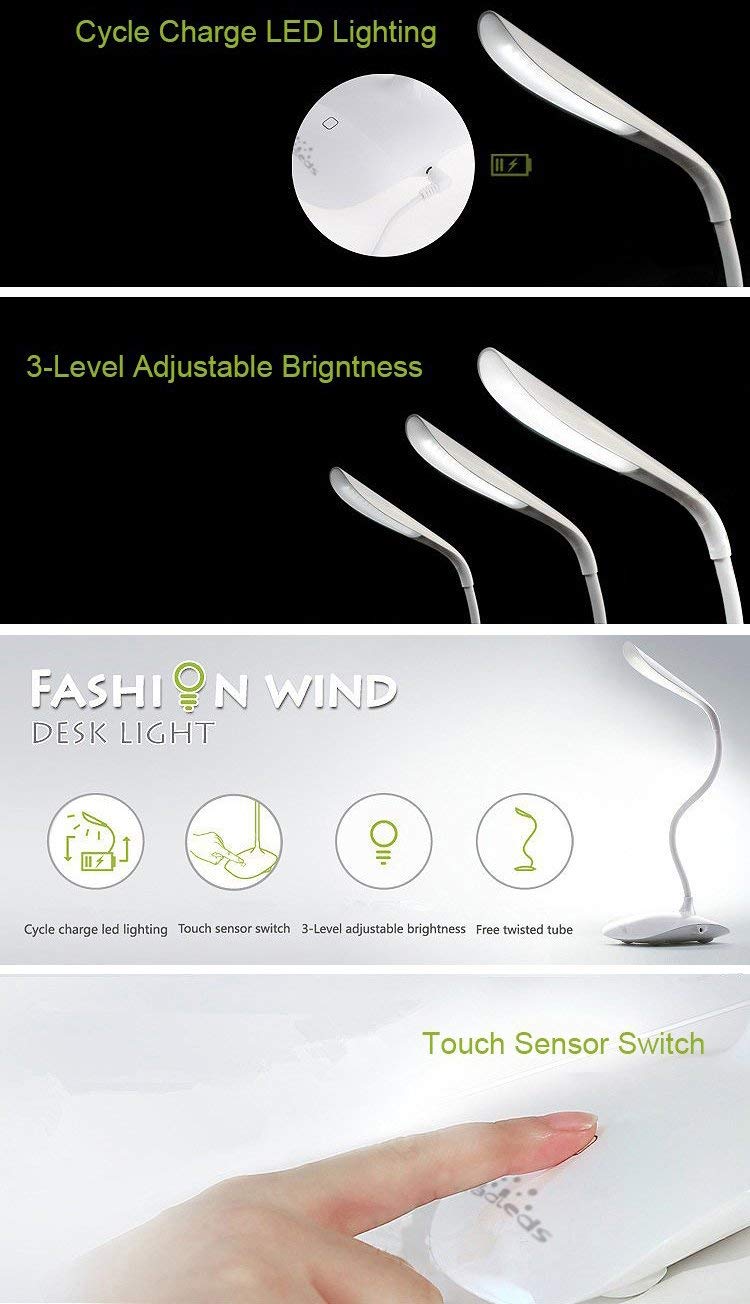 Leadleds Reading Lights Table Lamp Rechargeable Flexible Dimmable 3 Levels Brightness, White - Leadleds