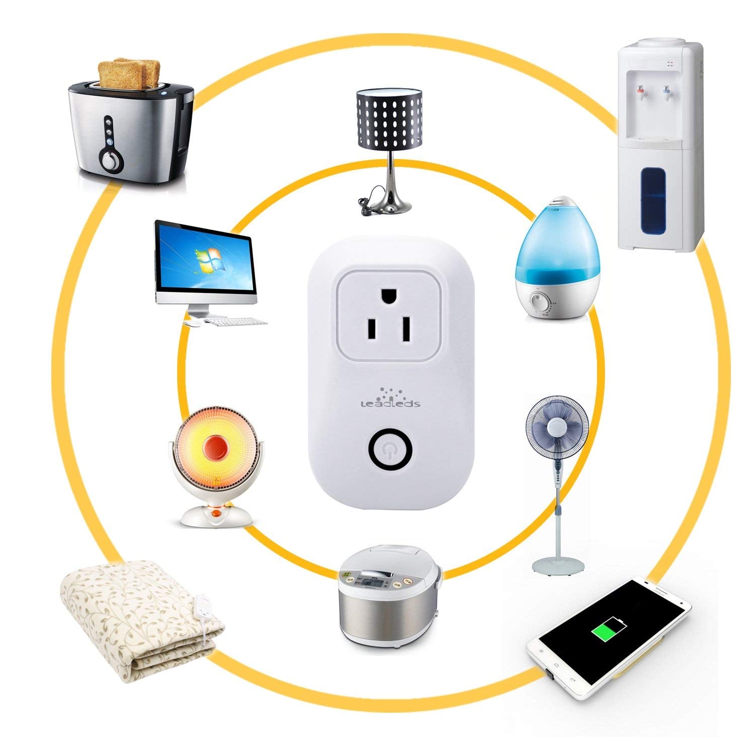 Leadleds Wi-Fi Smart Socket Outlet US Plug, Turn ON/OFF Electronics from Anywhere, Works with Smart Phone, UL Listed - Leadleds