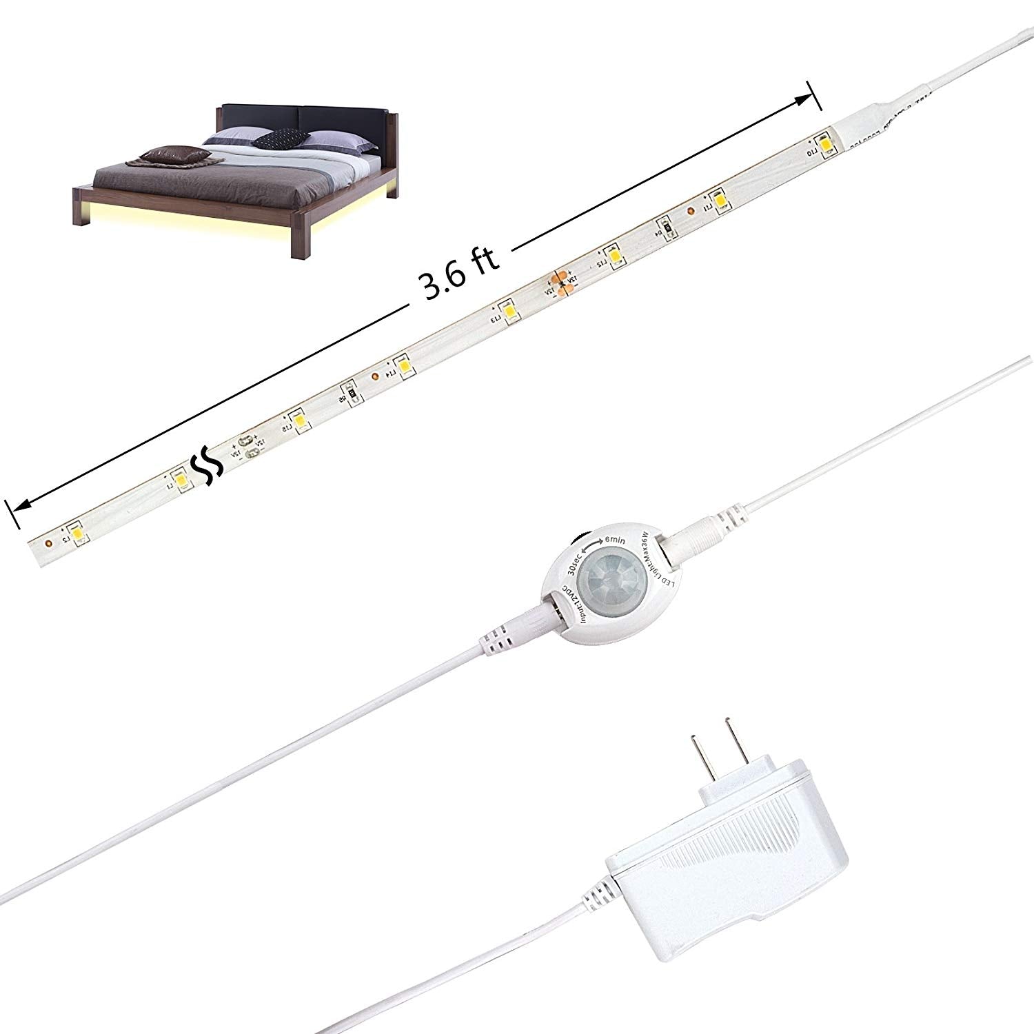 Leadleds Motion Activated Bed Light 4ft LED Strip with Motion Sensor and Power Adapter(Warm Soft Glow) - Leadleds