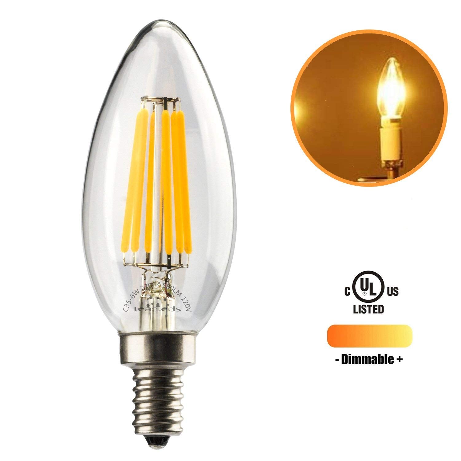 Leadleds 6w Chandeliers LED Bulb Dimmable 60W Equivalent E12 Candelabra Bulb 2700k, UL Listed - Leadleds
