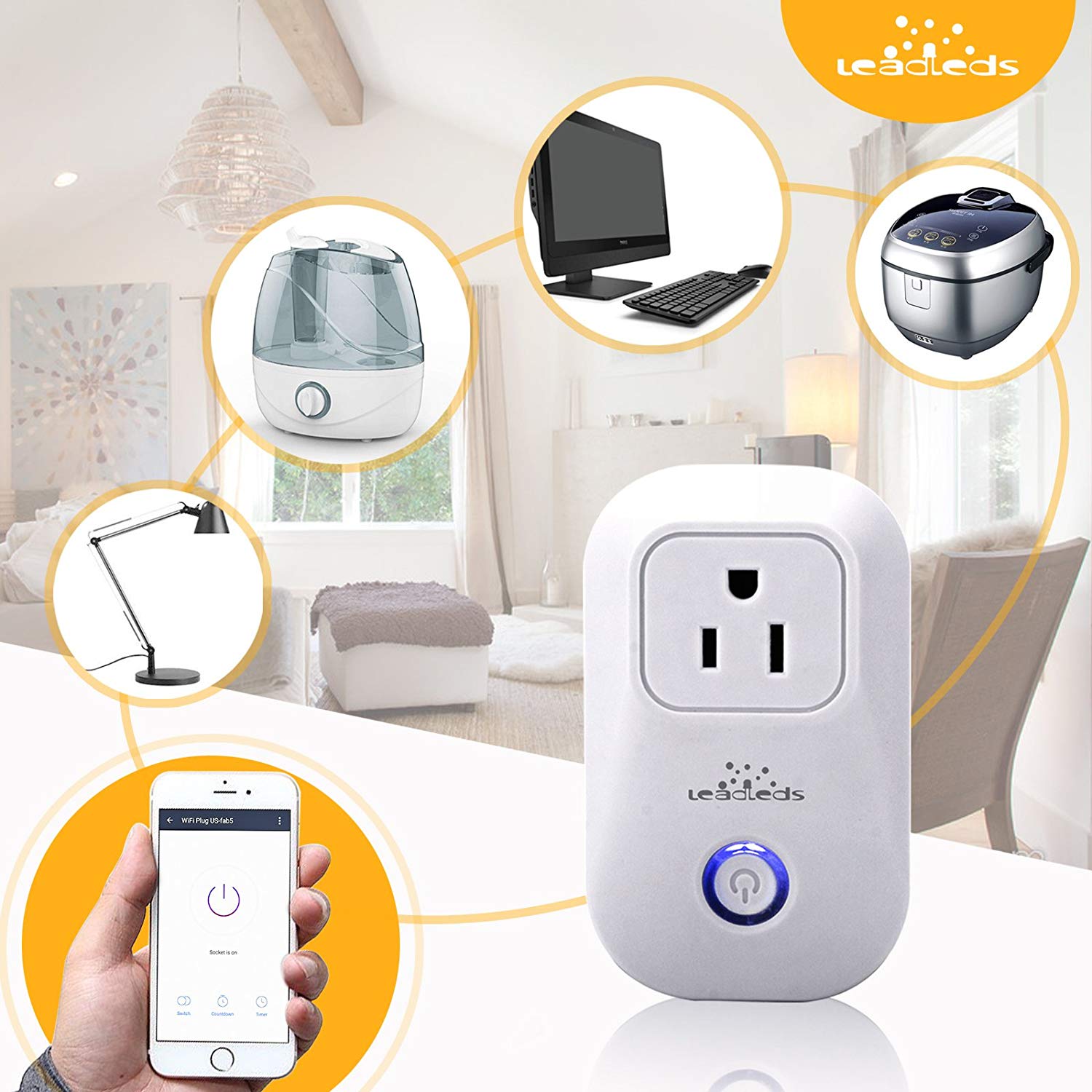Leadleds Wi-Fi Smart Socket Outlet US Plug, Turn ON/OFF Electronics from Anywhere, Works with Smart Phone, UL Listed - Leadleds