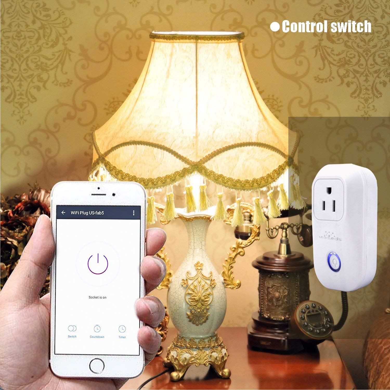 Leadleds Wi-Fi Smart Socket Outlet US Plug, Turn ON/OFF Electronics from Anywhere, Works with Smart Phone, UL Listed - Leadleds