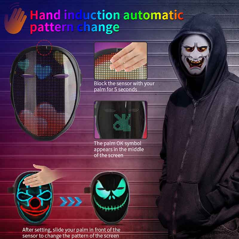 Full color RGB LED face transforming mask displaying vibrant dynamic animated expressions