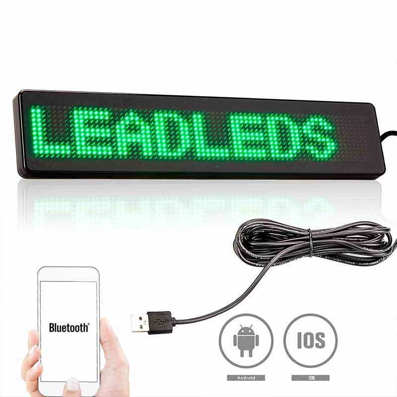 Leadleds green LED car display connected to smartphone app via Bluetooth for iOS and Android mobile message programming