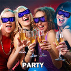 Partygoer wearing animated Bluetooth LED glasses at a concert event with dynamic flashing light effects