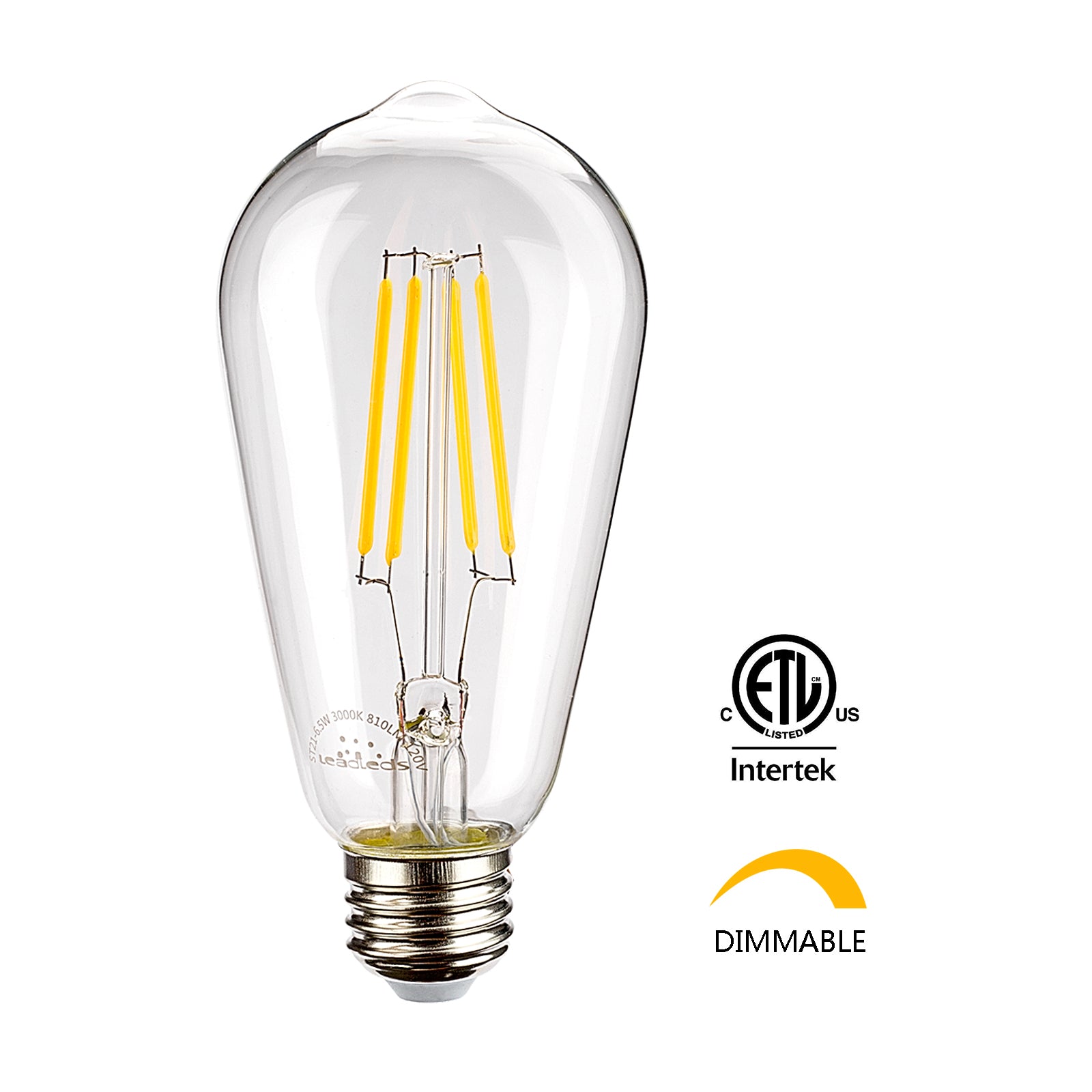 Leadleds ST21 Dimmable LED Filament Bulb 810 Lumens E26 3000K, 6.5W = 75W Incandescent Bulb Secondary image