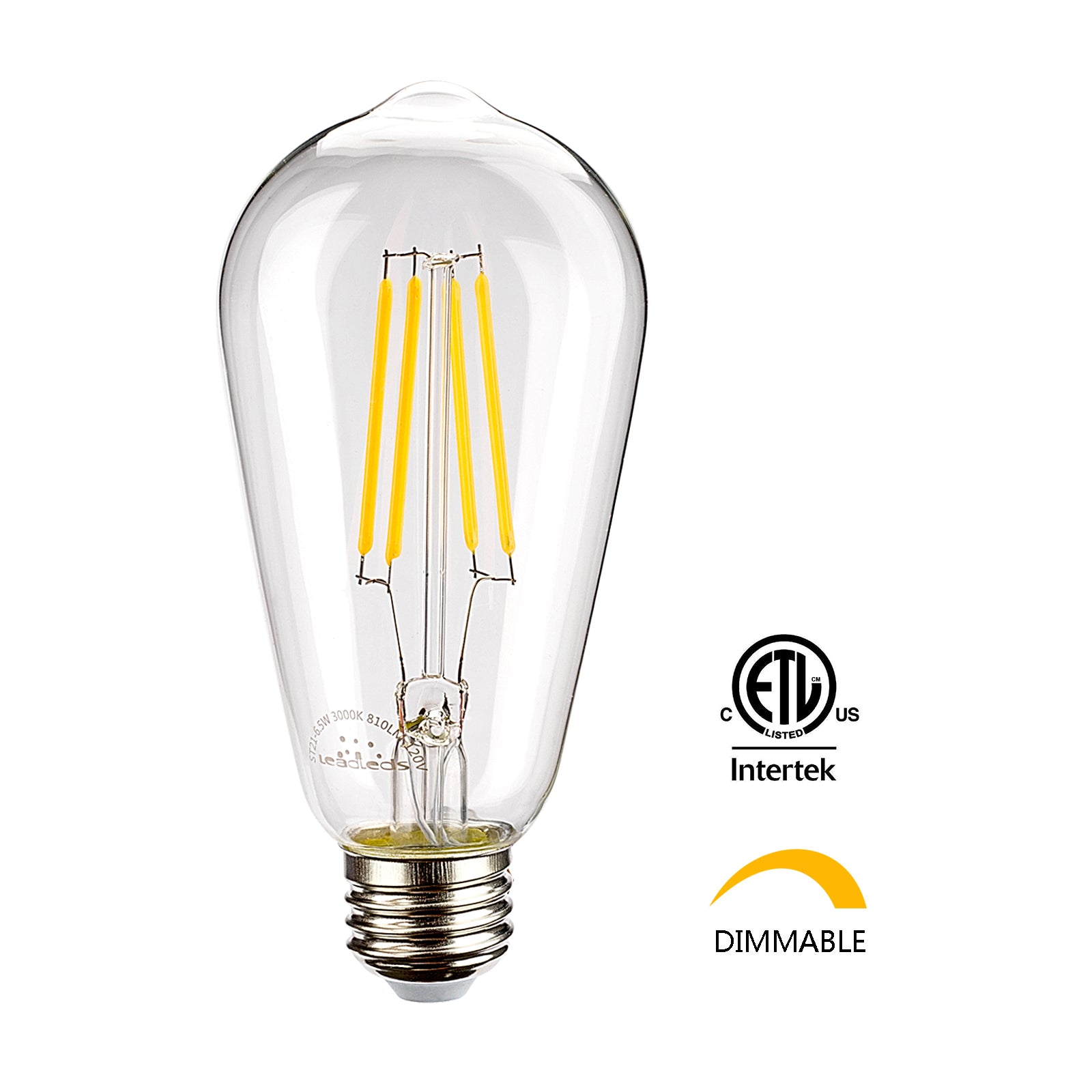 Leadleds ST21 Dimmable LED Filament Bulb 810 Lumens E26 3000K, 6.5W = 75W Incandescent Bulb - Leadleds