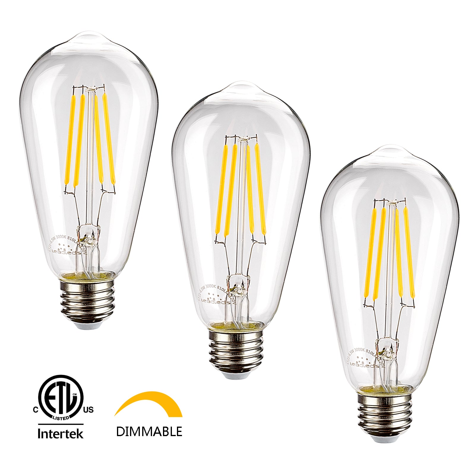 Leadleds ST21 Dimmable LED Filament Bulb 810 Lumens E26 3000K, 6.5W = 75W Incandescent Bulb - Leadleds Main image
