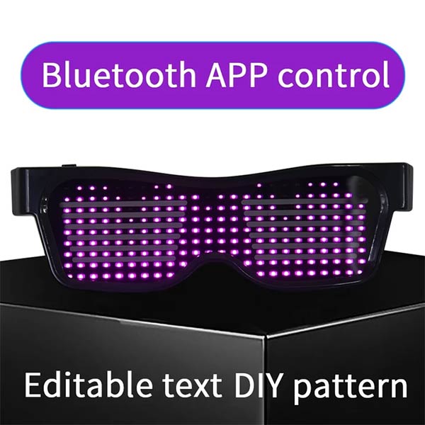 Smartphone app interface wirelessly connecting via Bluetooth to program custom messages on LED glasses
