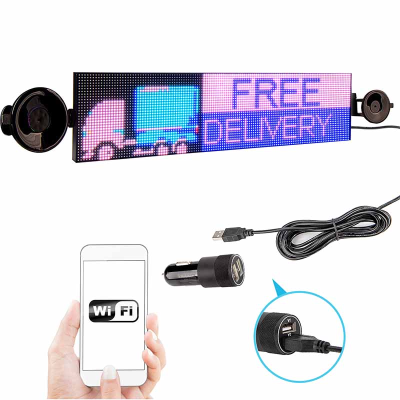 20in Car Sign Full Color Led Advertising Board WiFi Led Sign Picture Text Display Screen Wireless RGB Matrix, DC12-24V