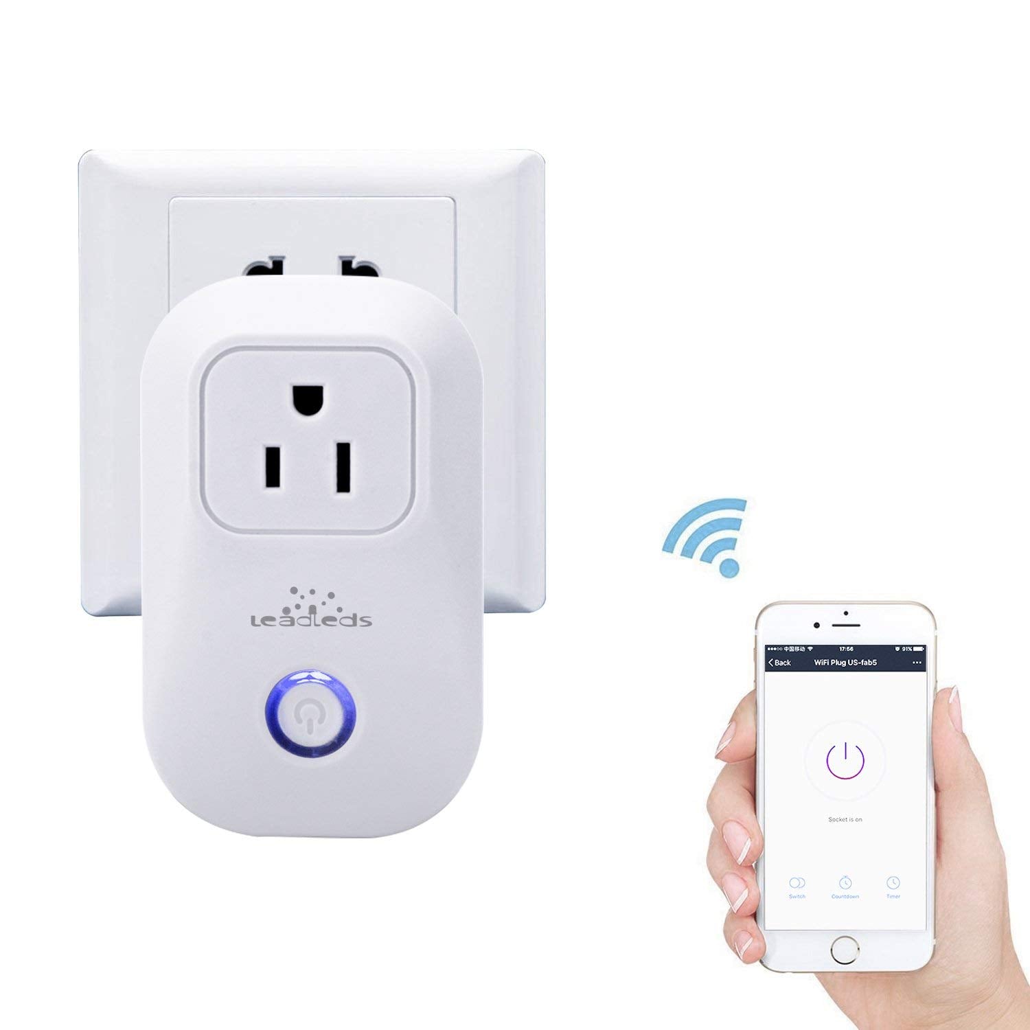 Leadleds Wi-Fi Smart Socket Outlet US Plug, Turn ON/OFF Electronics from Anywhere, Works with Smart Phone, UL Listed - Leadleds