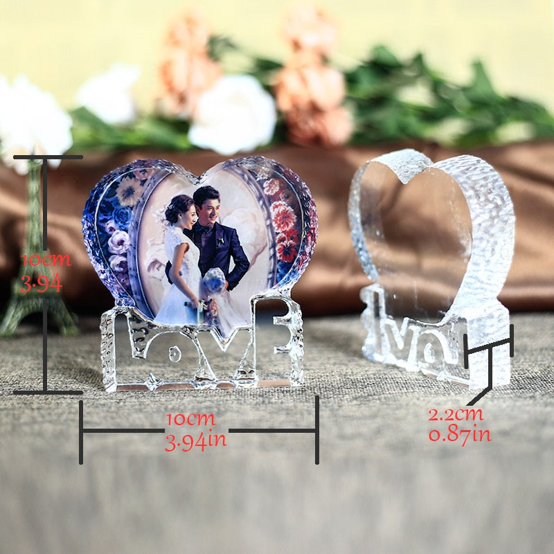 Customized Love Shaped Crystal Wedding Photo Frame Baby Decoration Friends Family Lover Gifts