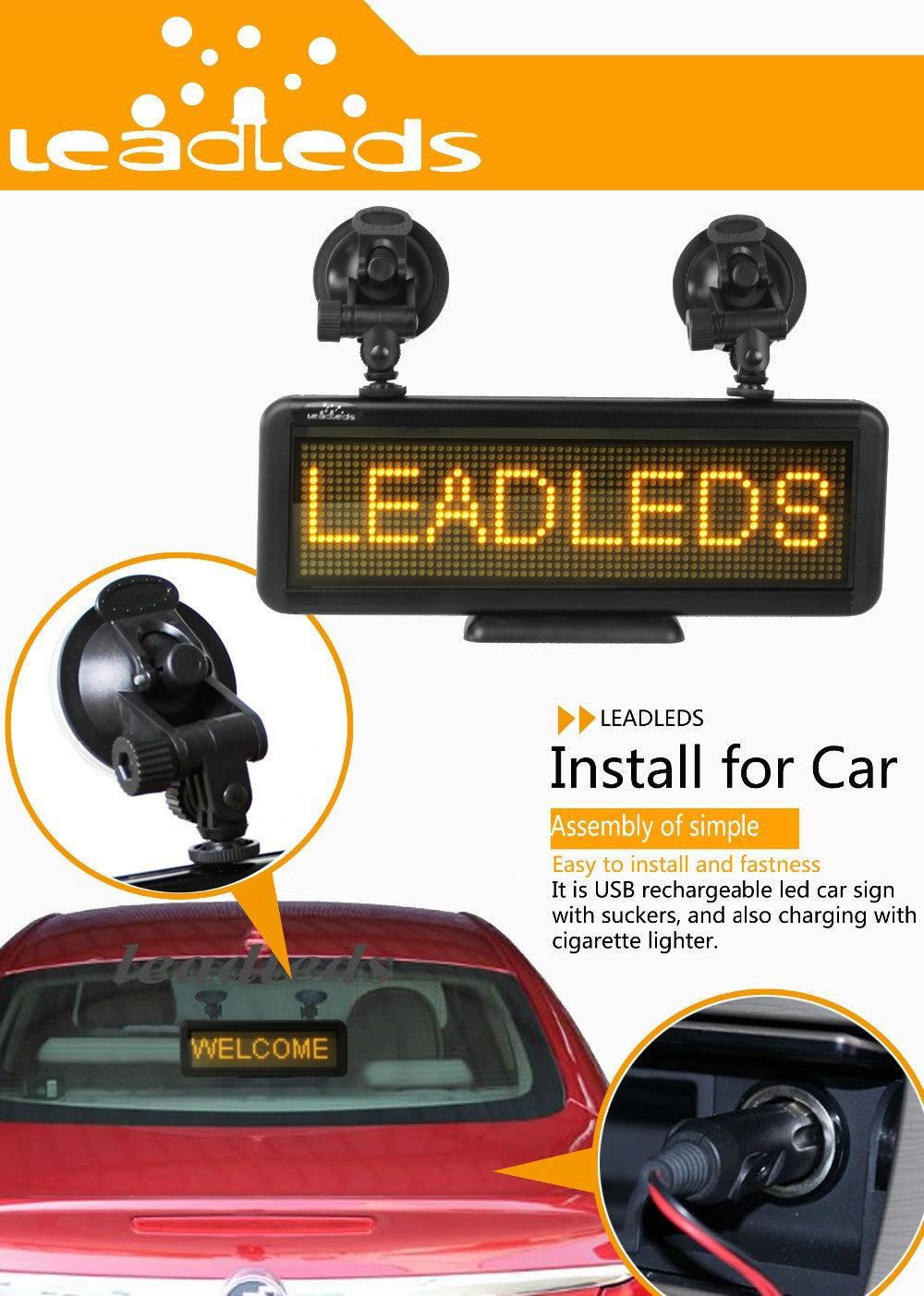 17” RED LED Car Display USB Rechargeable Led Business Sign LED Programmable Message Sign - Leadleds