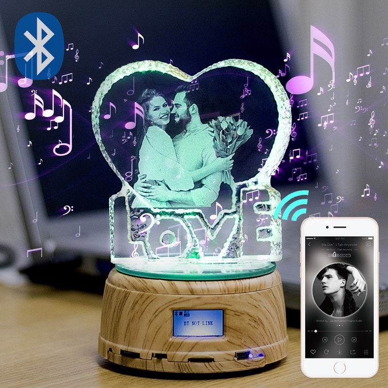Personalized Photo Rotating Music Box with Crystal Bluetooth Lamp RGB Colors Remote Control - Leadleds