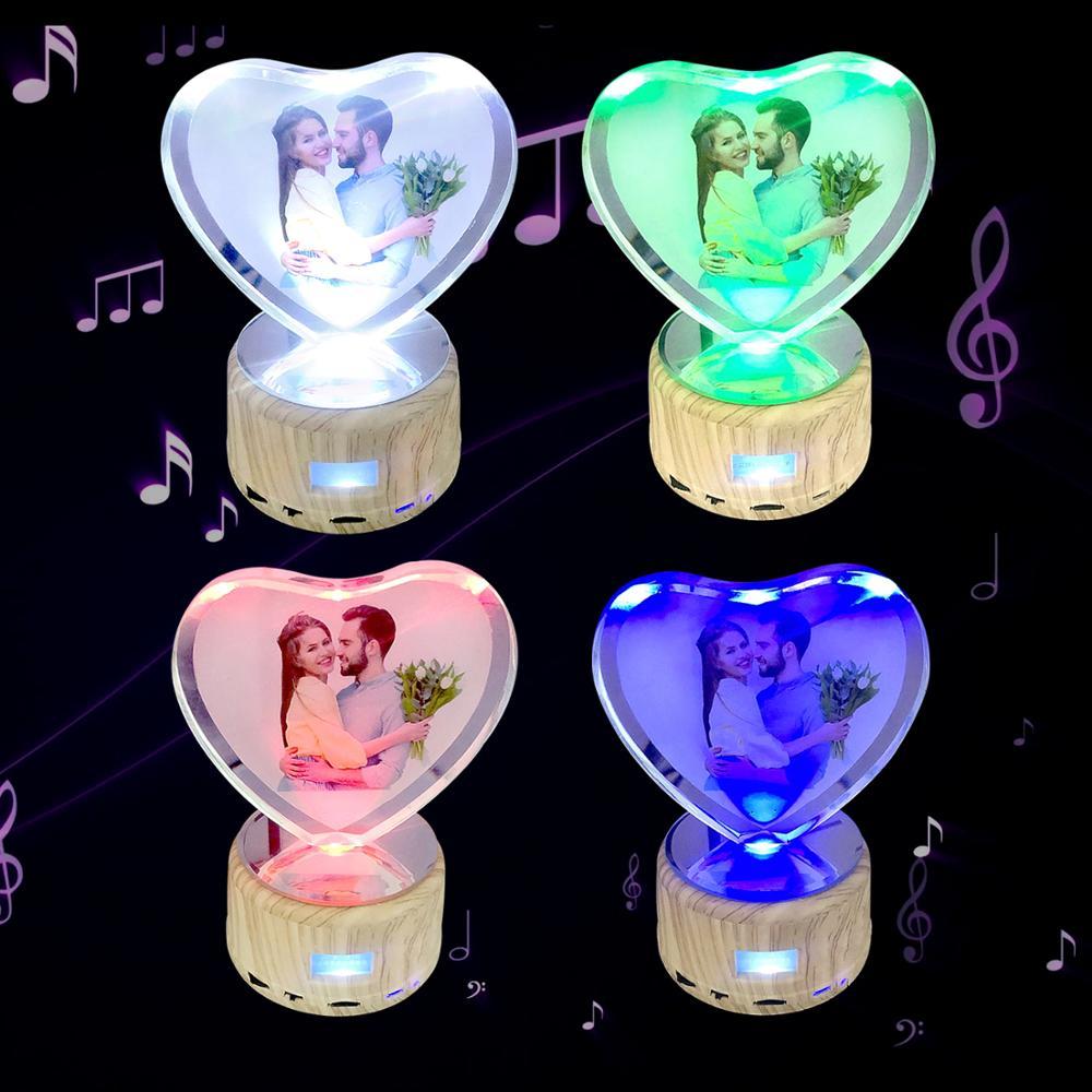 Your Colored Photo on Heart-shaped Crystal with Bluetooth Speaker Rotating Lighting Base Music Box